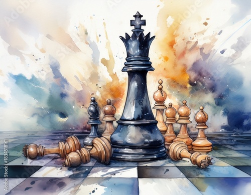 watercolor chess checkmate with fallen king