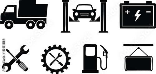 Flat icon automotive service set showing front truck silhouette, low-angle car on lift, battery with lightning, crossed wrenches, gear badge, fuel pump and hanging sign, monochrome
