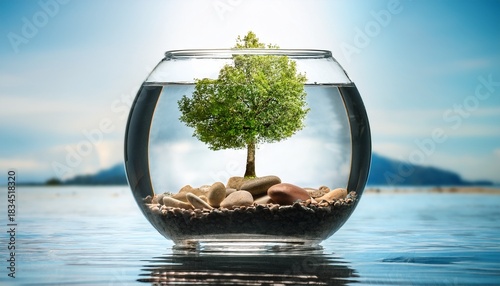 small tree in glass container filled with soil and pebbles surrounded by water symbolizes growth and tranquility
