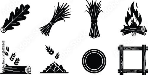 Flat icon set grid of black forestry and harvest symbols showing oak leaf on log, tied wheat sheaves, campfire with flames, wood slice and timber frame