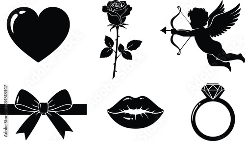 Silhouette icon set close up six centered black heart single rose cupid aiming arrow ribbon bow kissing lips diamond engagement ring flat minimal for valentines day