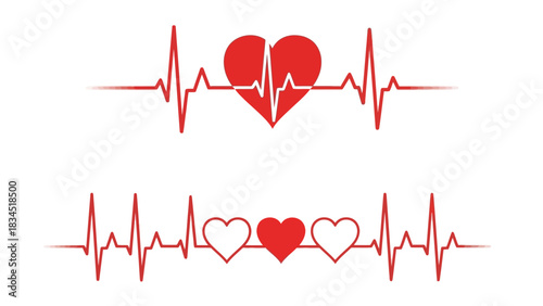 Two electrocardiogram lines featuring red hearts, representing life and love.