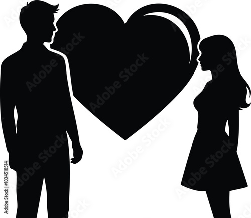 Silhouette flat vector close up of black man and woman facing each other with centered oversized heart between them side profiles romantic valentines high contrast minimalist