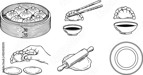 Engraving style close-up of hand folding dumpling with rolling pin and bamboo steamer, chopsticks lifting xiao long bao over dipping bowl circular plate stippled monochrome illustration