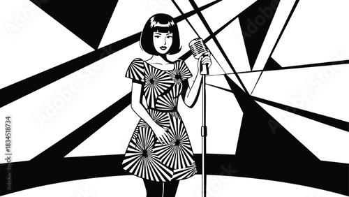 Op art low angle close up singer holding vintage microphone center stage wearing black and white geometric dress with bold radial pattern and high contrast lighting
