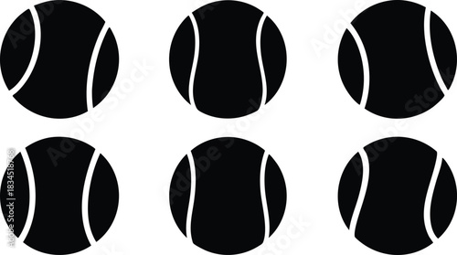 Minimalist flat icon set showing six front-facing black tennis ball silhouettes with white curved seams arranged in a three-by-two grid with uniform spacing bold contrast vector