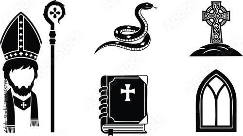 Flat icon set with front-facing mitred bishop saint patrick, crozier staff and coiled snake beside celtic cross, bible and arched window for st patricks day icons