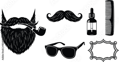 Tattoo flash front-facing bearded bust with smoking pipe curled mustache sunglasses comb amber bottle ornate frame centered stacked icons textured hatching closeup black silhouettes vintage barbershop