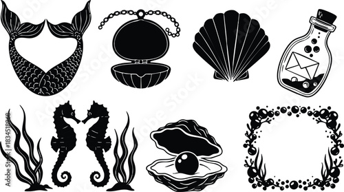 Tattoo flash nautical icon set showing paired seahorses facing each other, mermaid tail top view, open oyster with pearl, scallop shell, message bottle, ornate frame decorative