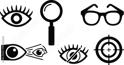 Minimalist glyph icon set close up showing black eye symbol magnifying glass eyeglasses eye beam closed eye with slash circular target reticle flat vector elements