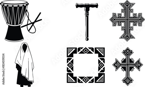 Silhouette vector close-up of djembe drum with rope tuning, walking veiled woman facing left, ethiopian ornate crosses and tribal square frame, black and white icons
