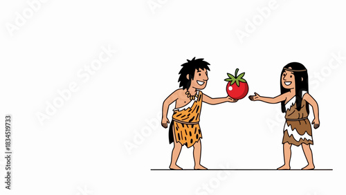 Cartoon cave people sharing fruit, one person offers red tomato to another. Human interaction shows cave people sharing fruit, dressed in animal skins.
