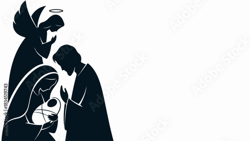Silhouette nativity scene featuring Mary, Joseph, and infant Jesus. Holy family nativity scene with angel watching over newborn, symbolizing sacred birth.