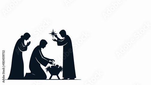 Nativity scene silhouette presents Mary, Joseph, infant Jesus in manger, guiding star above. Symbolic Nativity scene portrays reverence, adoration for sacred birth. Evocative Nativity scene for cards,