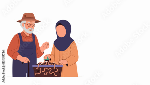 Elderly man and woman demonstrate worm farming, inspecting active worms in container. Sustainable worm farming provides eco friendly soil enrichment, organic gardening.