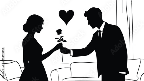 Silhouette side profile man in suit presenting single rose to woman in dress on living room sofa with heart overhead backlit romantic valentines day intimate scene
