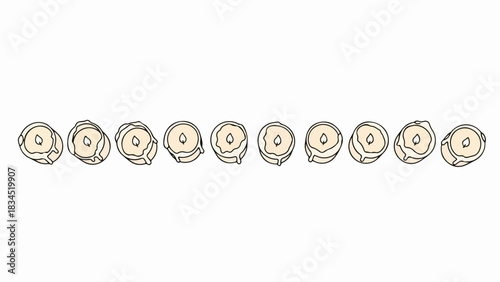 Abstract cell sequence illustration on clean white background, biological cell sequence shows distinct organic forms arranged linearly,