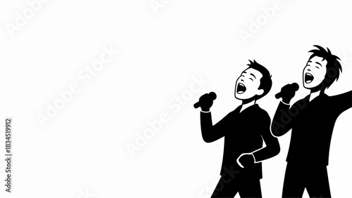 Graphic black silhouette men singing into microphones on white background, expressive faces. Animated illustration of men singing, performing with open mouths, showing musical passion.