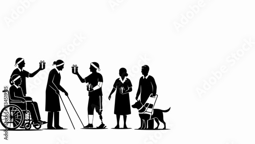 Silhouette group illustrates disability inclusion celebration. Diverse individuals with wheelchair, white cane, guide dog raise drinks, promoting accessibility, equal participation.