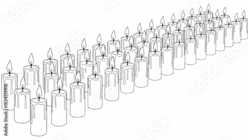 Outline candles in long row with flickering flames creating solemn atmosphere. Outline candles show simple line drawing style, perfect for various design projects and contemplative themes.