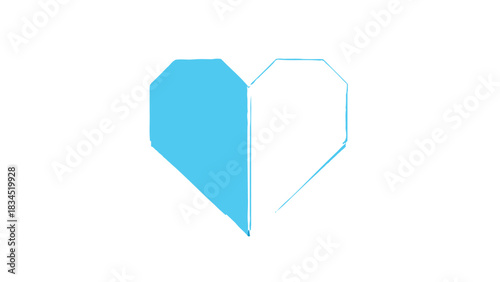 A stylized geometric heart shape is depicted with one half colored in a vibrant, solid blue and the other half rendered as a white outline against a stark white background.