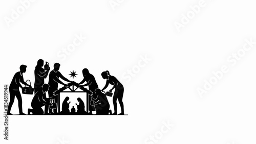 Diverse group of three people holding lanterns, woman in hijab, man, another woman, sharing light. Digital illustration of people holding lanterns conveys unity, community, and celebration.