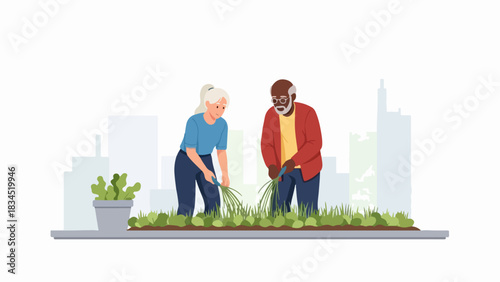 Man and boy engaged in solar panel learning, examining photovoltaic module. Grandfather and grandson explore science project, focusing on power generation and solar panel learning.