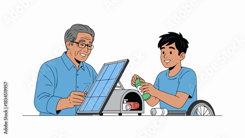 Stainless steel sustainable water bottle shown with environmental conservation symbols. Sustainable water bottle displays green recycling sign, plant leaves, and beaker for eco friendly concept.