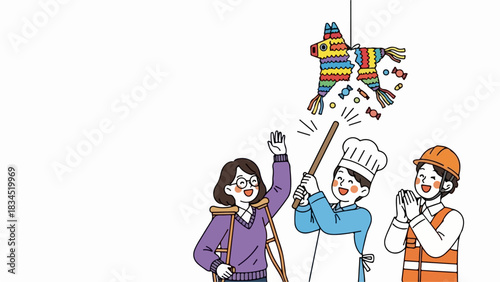 Joyful piñata party celebration shows diverse people hitting colorful donkey, candies falling. Exciting piñata party celebration captures fun, togetherness, happiness.