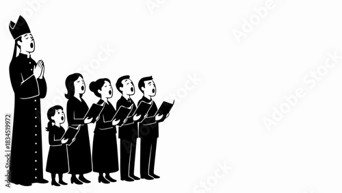 Monochrome illustration features a church choir, priest leads diverse singers including a child. Group holds hymn books, singing unison, creating harmonious spiritual church choir sound.
