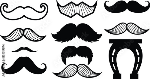 Flat vector sheet close-up of assorted black mustache silhouettes and lined vintage handlebar, chevron and bushy styles centered bold arranged in three columns barber logo set