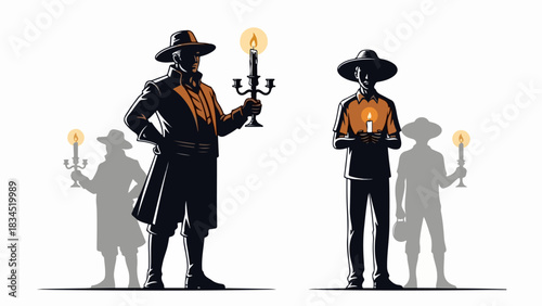 Stylized historical figures holding burning candelabras and single candles on white background. Depicting two distinct historical figures, one prominent with large candelabra,