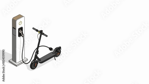 Electric scooter charging at modern station with sleek black personal mobility device plugged into contemporary public power point. Sustainable electric scooter charging for urban transport.