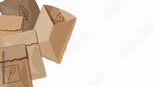 Brown paper seed packets, some display leaf emblem, one open package holds small plant seeds. Eco friendly seed packets provide sustainable packaging solution for gardening products.