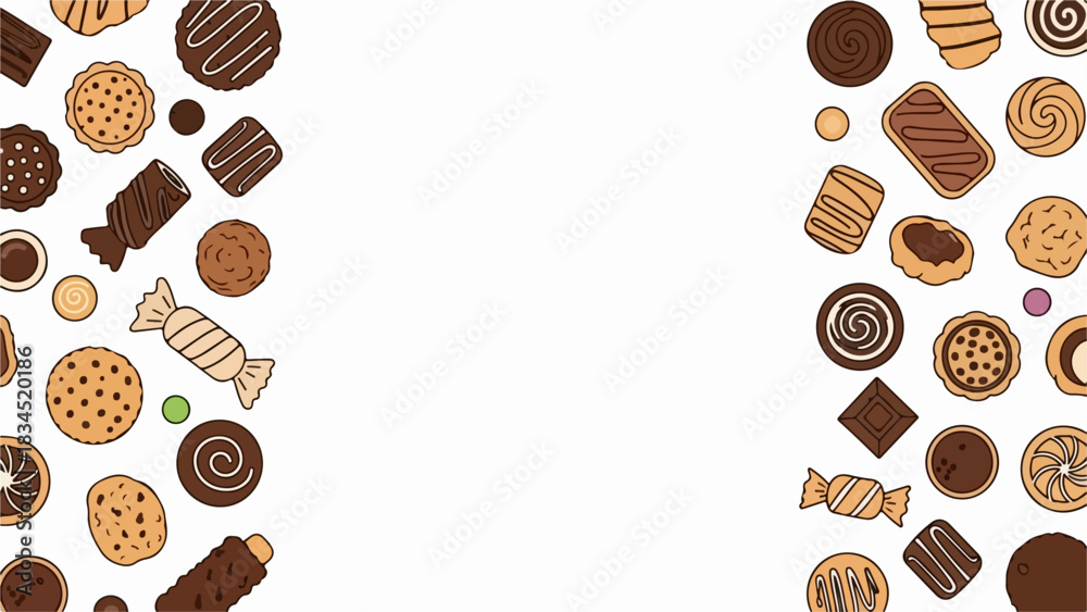 Obraz premium Assortment of cookies, chocolates, and candies creates decorative border on white background, concept of sweet treats, bakery, or celebration. Illustration provides copy space.