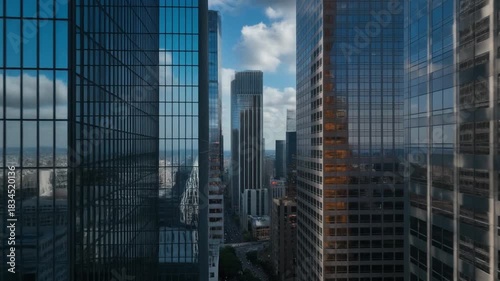 Wallpaper Mural Aerial view of modern glass skyscrapers reflecting blue sky and clouds in financial district city. Represents financial district, business, corporate. Torontodigital.ca