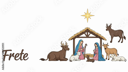 Cartoon nativity scene illustration features holy family, baby Jesus, Mary, Joseph in stable with animals, star. Religious nativity scene conveys spiritual journey, peace.