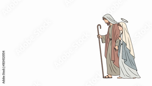 Holy Nativity scene depicting Virgin Mary and Saint Joseph in simple pastel colors. Symbolic Holy Nativity scene evokes traditional values with minimal character design and white background.