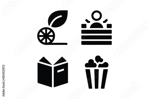 Four icons representing entertainment and food