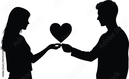 Minimalist silhouette side profile couple holding a centered heart between outstretched hands, woman long hair, man short hair, facing each other, backlit flat vector valentines day