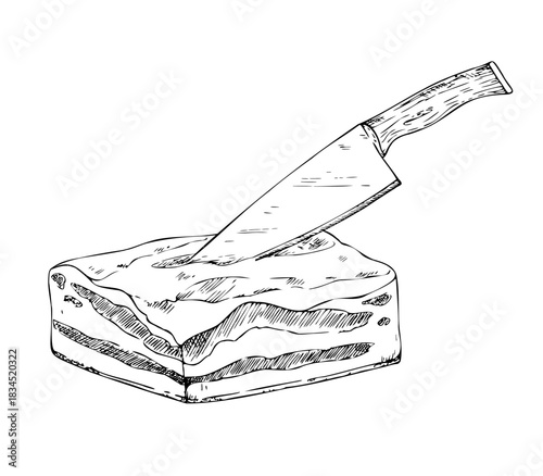 Vector knife in lard. Graphic ink pork Pork belly illustration, isolated on background. Hand drawn line sketch. For designers, prints, logo, icon, menu, postcards, holiday, covers