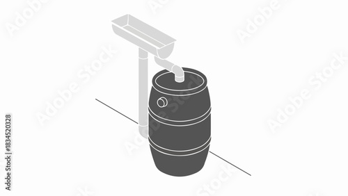 Rainwater harvesting system shown as flat style illustration, detailing roof gutter diverting water into storage barrel.