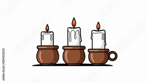 Cartoon candles for posada in brown holders arranged side by side on clean white background. Each lit candle in holder features warm glowing flame,