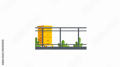 Flat style illustration of beehive by fence showcases solid fills, creating visual interest. Beehive scene offers a flat style illustration, detailed and engaging, presenting simple design.