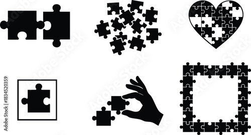 Flat design black puzzle icon set with heart shaped puzzle, hand placing piece, two piece connector, scattered fragments, framed puzzle square and boxed piece landscape layout