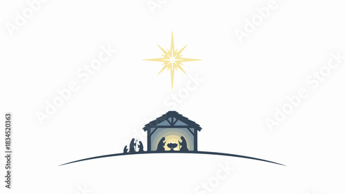 Nativity scene star shines above humble stable with holy family, depicting Jesus Christ birth. Radiant Bethlehem star illuminates manger scene, symbolizing hope, peace, and Christmas.