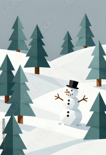 A geometric, stylised image of a winter landscape with fir trees and a snowman
