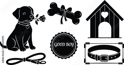 Silhouette icon close up sitting dog holding rose low angle bone with bow doghouse with heart cutout framed collar and good boy black high contrast badge