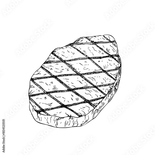 Vector Beef steak. Graphic ink pork, ribeye, meet illustration, isolated on background. Hand drawn line sketch. For designers, prints, logo, icon, menu, postcards, holiday, covers