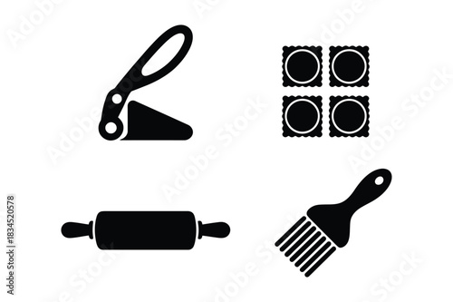 Collection of four black silhouetted craft and baking tools